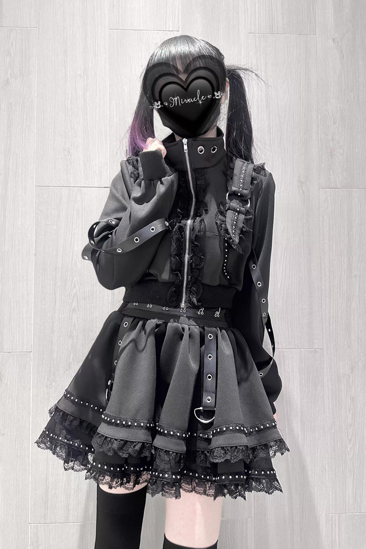 Black [False Judgment] Ruffled Lace Zippered Gothic Jirai Kei Japanese Handsome Skirt Set - Product - 3