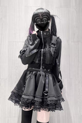 Black [False Judgment] Ruffled Lace Zippered Gothic Jirai Kei Japanese Handsome Skirt Set - Product - 3