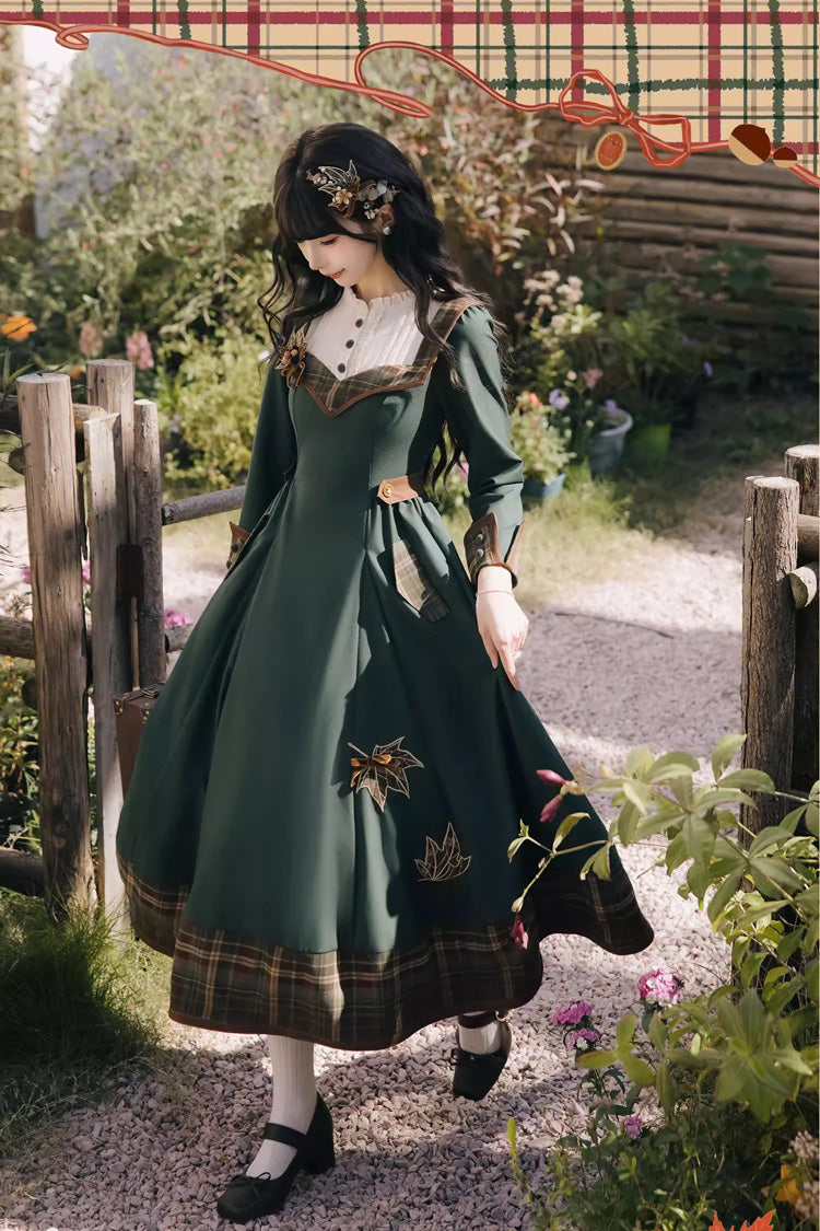Green [Autumn Chronicles] Round Collar Long Sleeves Printed Embroidered Spliced Slim Sweet Lolita Dress - Product - 2