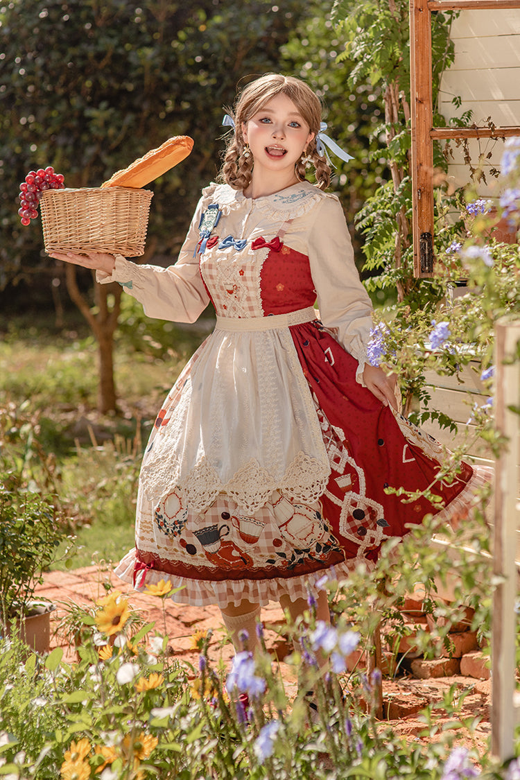 Red [Tea Party] Print Ruffle Bowknot Lace Sweet Elegant Lolita Jsk Dress - Product - 5