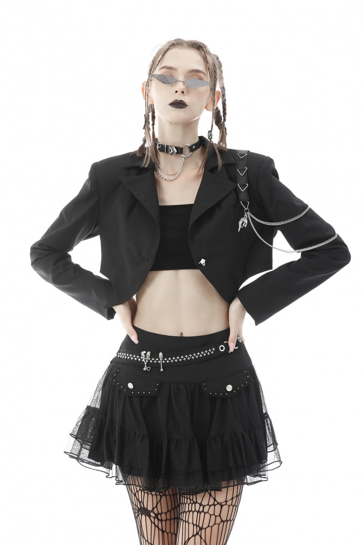 Black Lapel Collar Long Sleeves Chain-Decorated Women's Punk Irregular Short Jacket - Black - 1