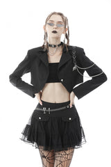 Black Lapel Collar Long Sleeves Chain-Decorated Women's Punk Irregular Short Jacket - Black - 1