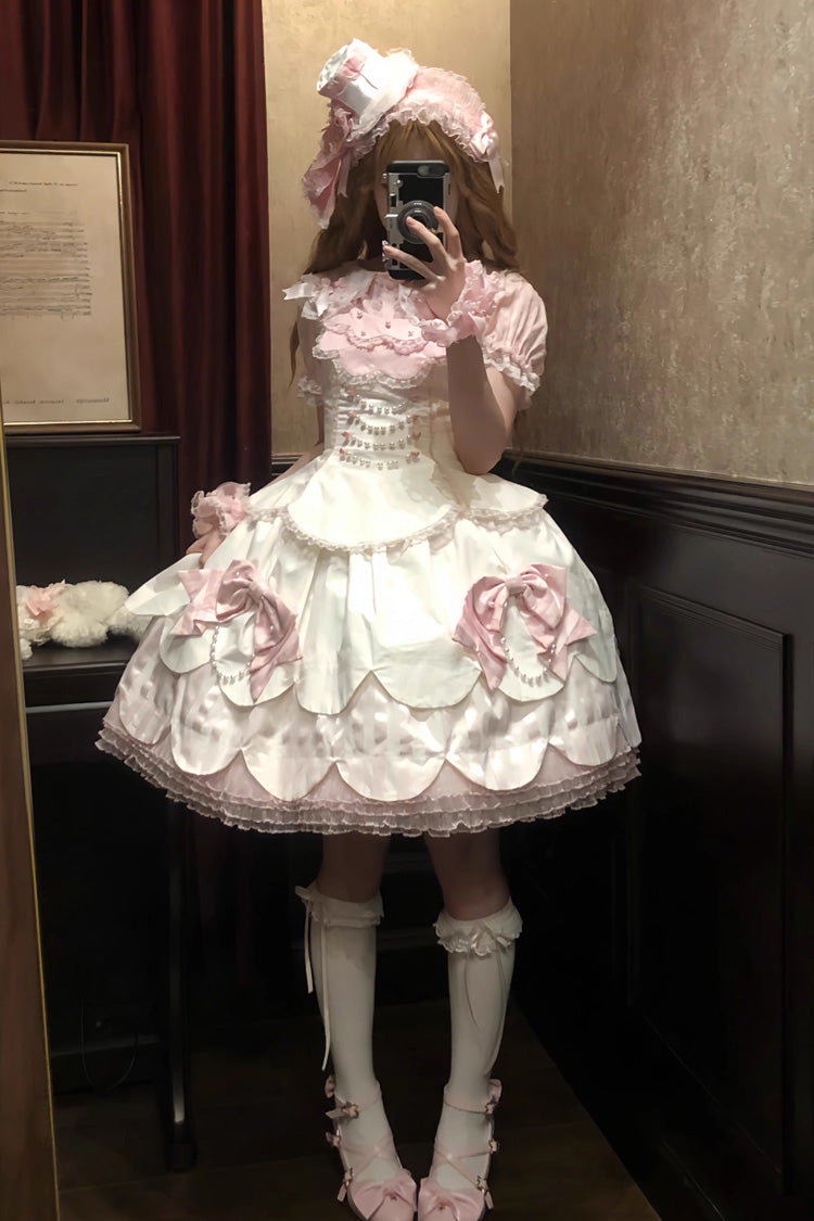 White/Pink Sleeveless Multi-Layered Ruffle Bowknot Lace Pearl Sweet Lolita Jsk Dress - Product - 5