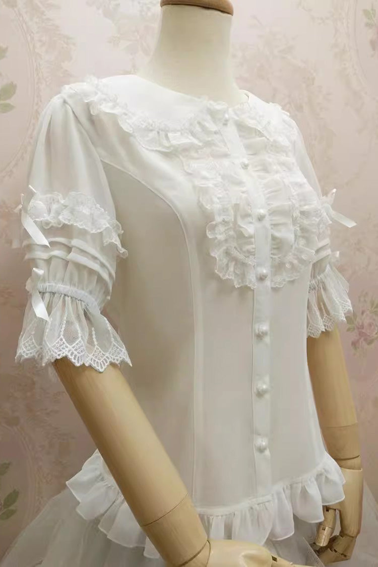 Doll Collar Short Trumpet Sleeves Lace Slim Chiffon Sweet Lolita Blouse 2 Colors - Product - 4