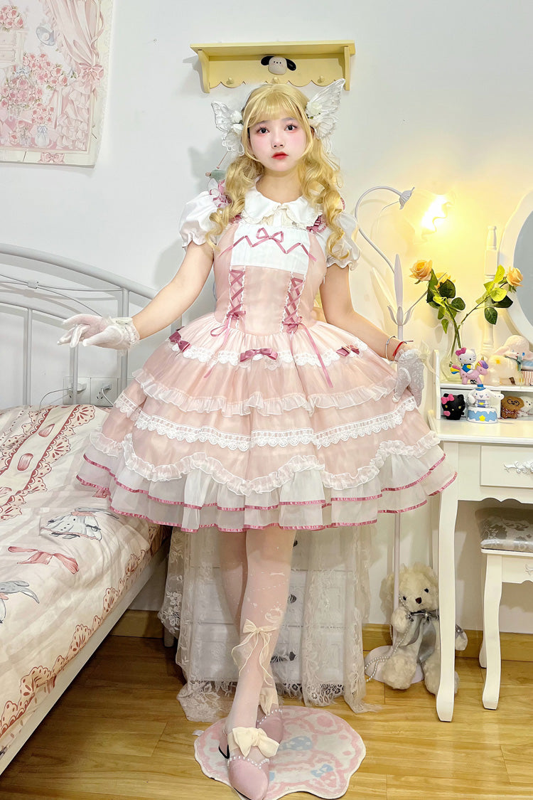 Pink Multi-layer Ruffle Bowknot Lace-Up Ballet Style Sweet Princess Lolita Tiered Dress - Pink - 1