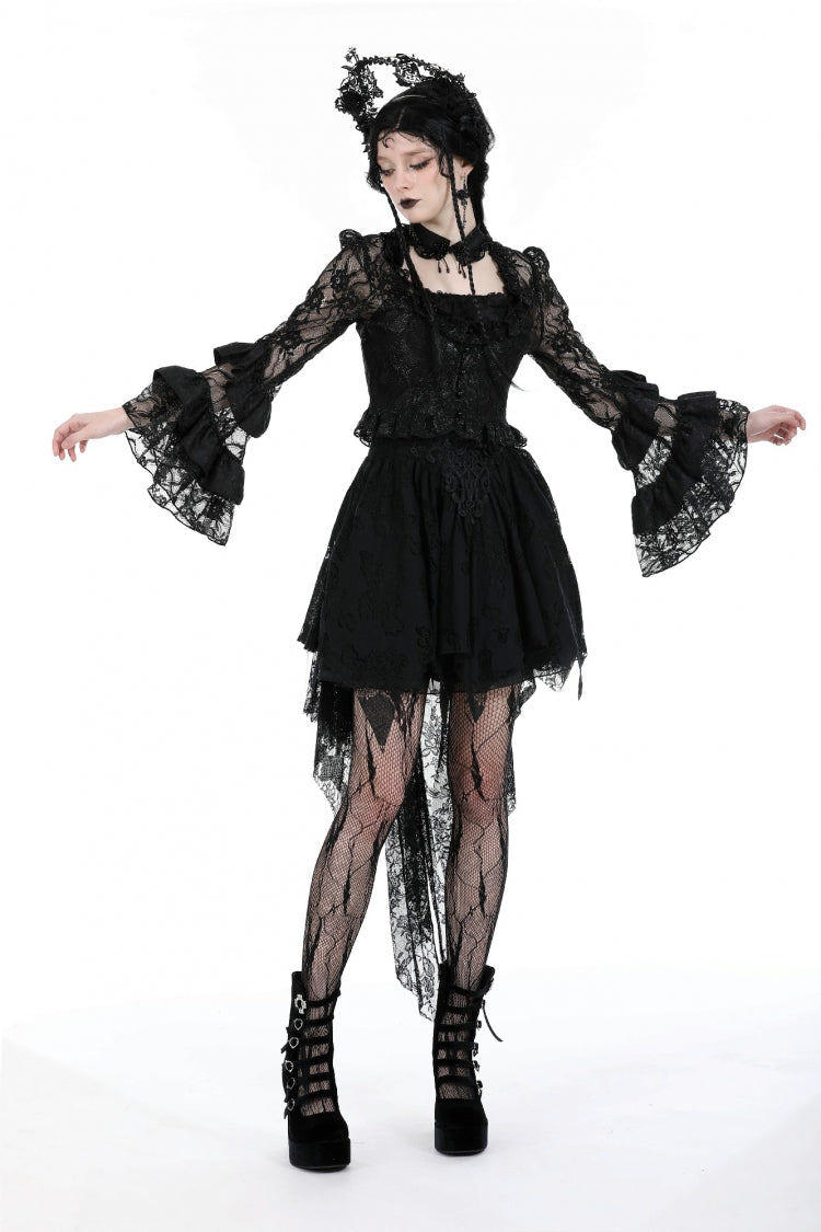 Black Multi-Layered Long Trumpet Sleeves Lace Lace-Up Women's Gothic Top - Product - 7