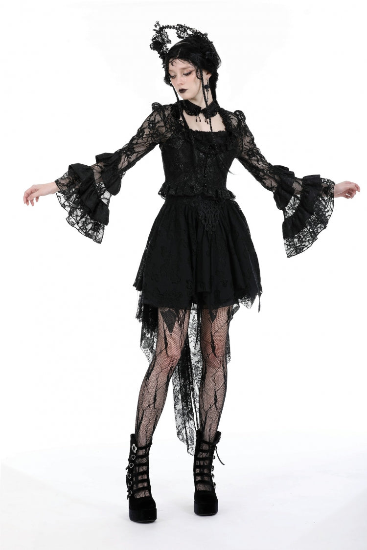 Black Multi-Layered Long Trumpet Sleeves Lace Lace-Up Women's Gothic Top - Product - 7