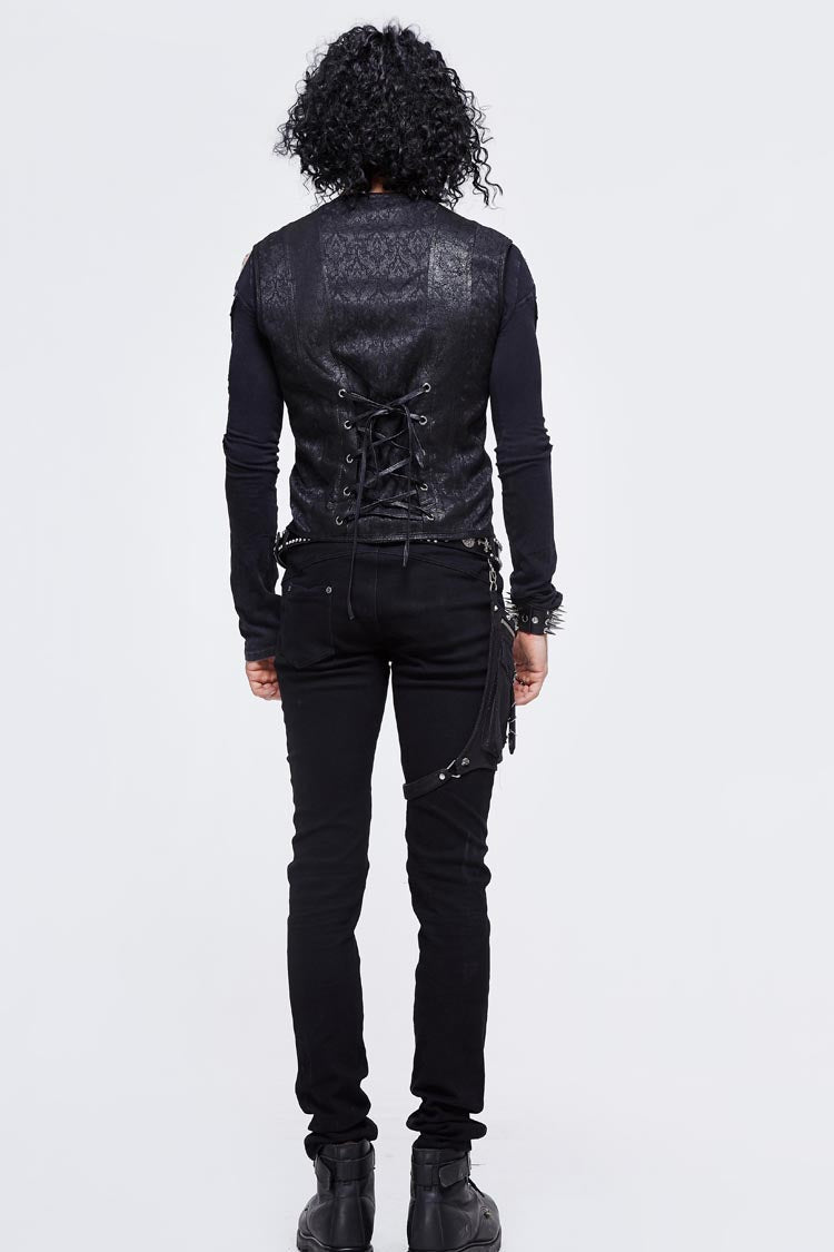 Black Jacquard Splice Heat Seal Backing Chest Loop Lace Up Men's Punk Waistcoat - Product - 7