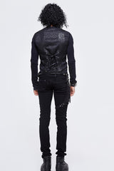 Black Jacquard Splice Heat Seal Backing Chest Loop Lace Up Men's Punk Waistcoat - Product - 7