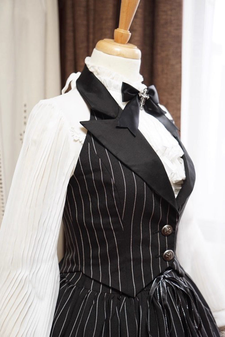 Black V Collar Stripe Print Classic College Style Elegant Lolita Vest - Product - 6