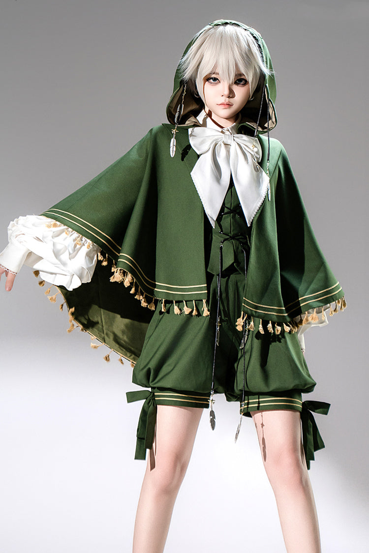 Green [Rabbit Feather] Rabbit Ears Hooded Sweet Prince Handsome Ouji Lolita Cloak Coat - Green - 1