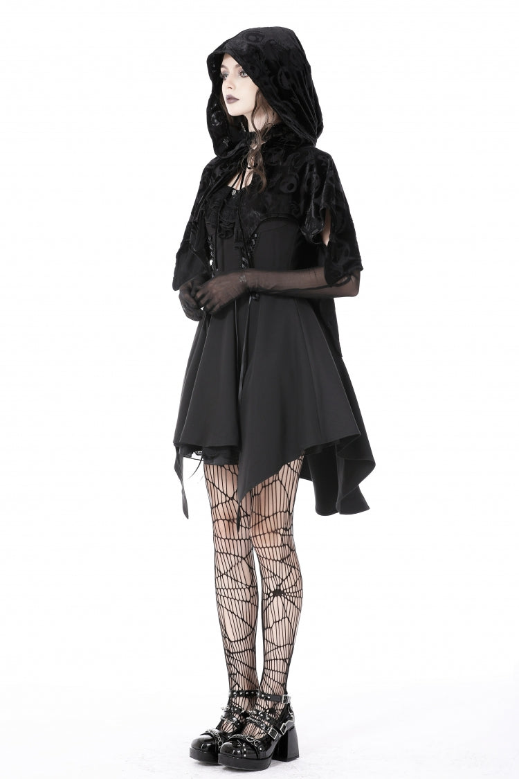 Black Skull Printed Front Lace-Up Women's Gothic Velvet Cape with Hood - Product - 9