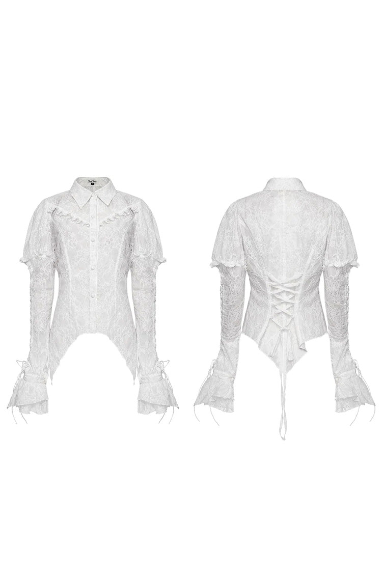 Women's Lapel Collar Long Sleeves Print Stitching Lace Gothic Blouse 2 Colors - Product - 14