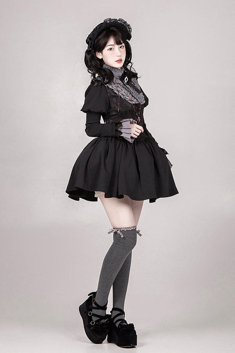 Black [Old Testament] Short Sleeves Ruffle Embroidery Bowknot Lace-Up Gothic Lolita Dress 2 Versions - Product - 18