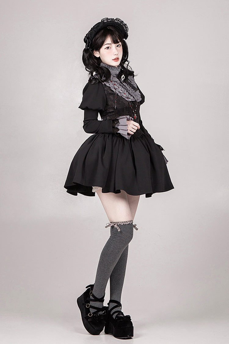 Black [Old Testament] Short Sleeves Ruffle Embroidery Bowknot Lace-Up Gothic Lolita Dress 2 Versions - Product - 18