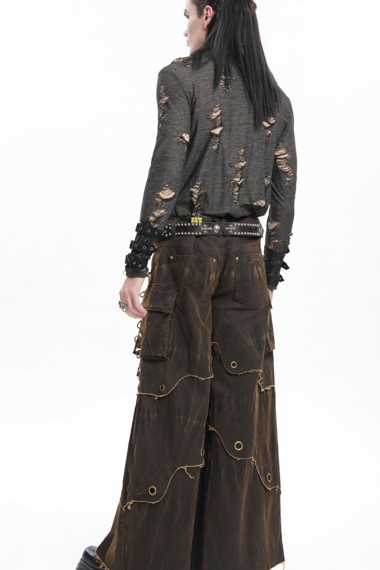 Coffee Eyelet Men's Gothic Pants Pocket Trousers - Product - 8