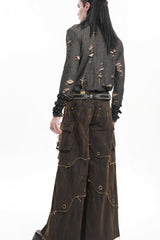 Coffee Eyelet Men's Gothic Pants Pocket Trousers - Product - 8