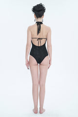 Black Stretch Textured Print Butterfly Halterneck Lace Women's Gothic One Piece Swimsuit - Product - 6