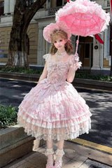 Pink [Moonlit Sakura Ode] Sleeveless Multi-Layered Ruffled Bow Lace Sweet Lolita Dress - Pink - 1