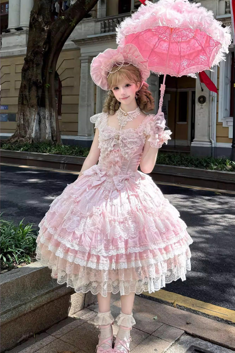 Pink [Moonlit Sakura Ode] Sleeveless Multi-Layered Ruffled Bow Lace Sweet Lolita Dress - Pink - 1