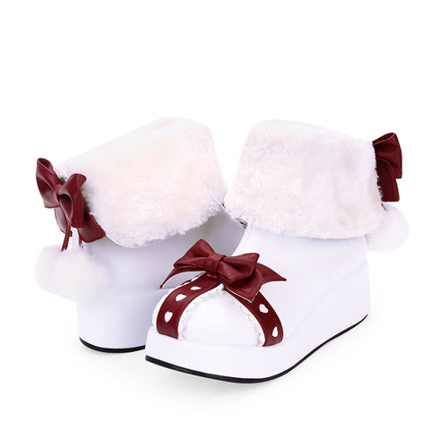 White Round Toe Bowknot Plus Velvet Sweet Lolita Boots - Product - 4