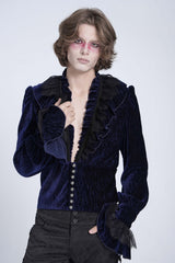 Blue V Collar Long Sleeves Ruffle Stitching Lace Men's Gothic Blouse - Product - 3