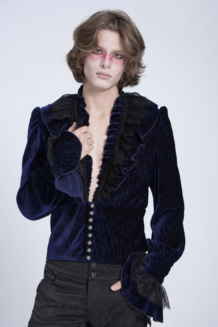 Blue V Collar Long Sleeves Ruffle Stitching Lace Men's Gothic Blouse - Product - 3