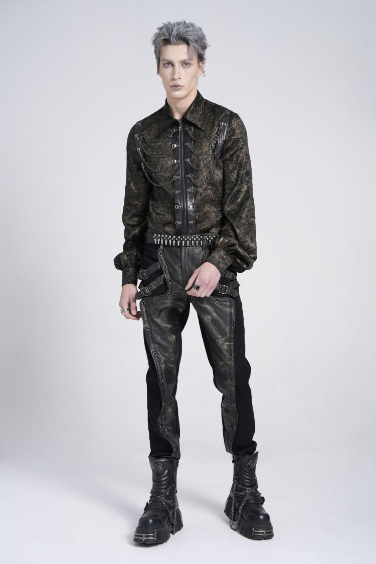 Black/Grey Faux Leather Stitching Buckle Men's Punk Pants - Product - 8