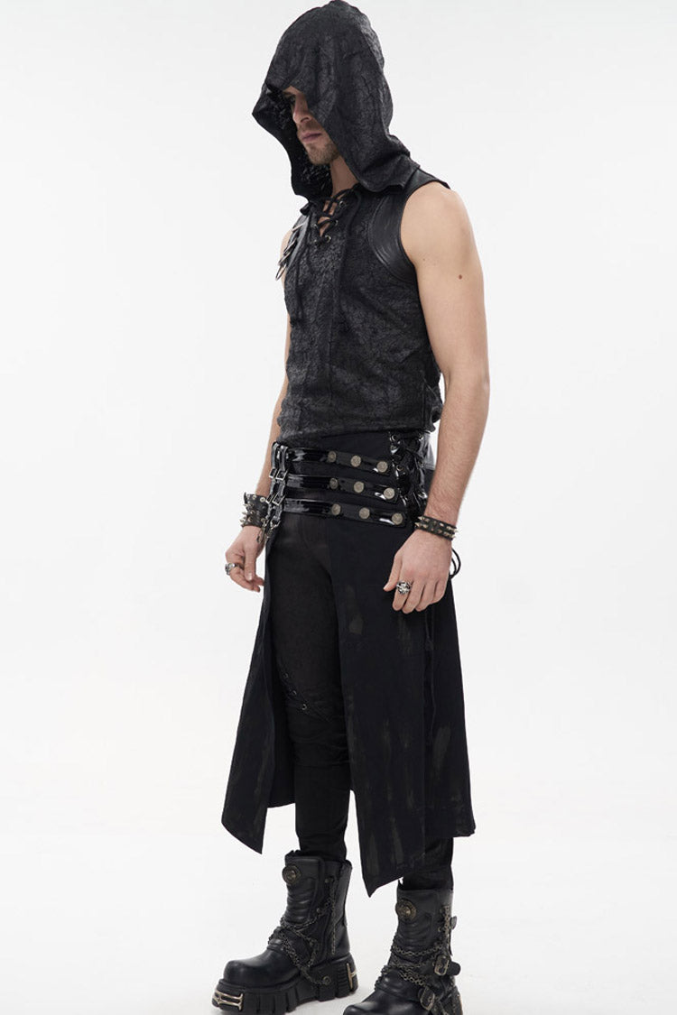 Black Punk Patent Leather Paneled Belt Irregular Print Metal Men's Skirt - Product - 4