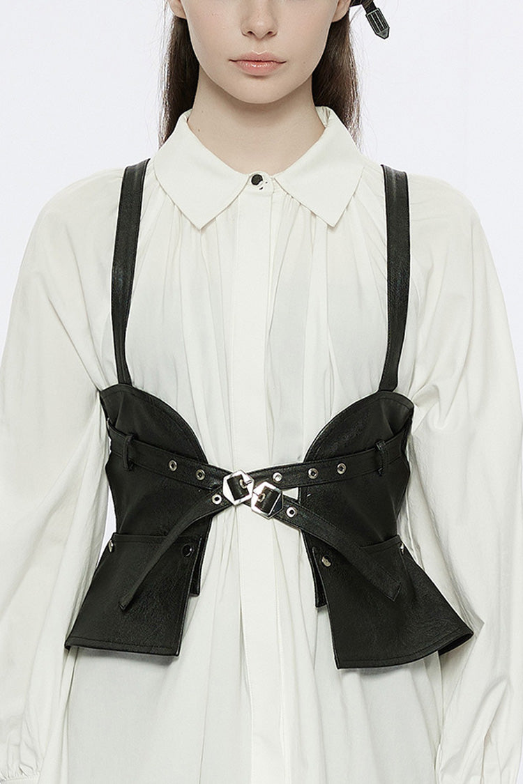 Black Ruffle Metal Buckle Strap Detachable PU Leather Strap Women's Punk Strap - Black - 1