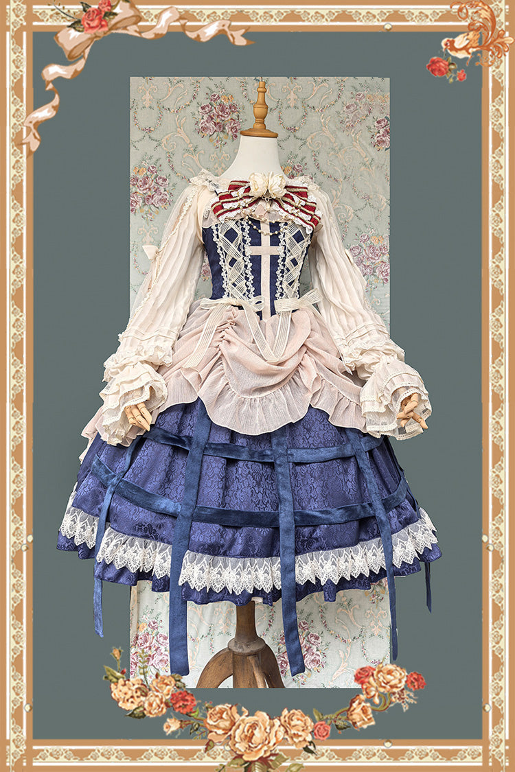 [Lilith’s Cage] Sleeveless Print Ruffle Bowknot Lace-Up Gothic Elegant Lolita Jsk Dress 2 Colors - Blue - 8