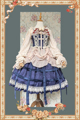 [Lilith’s Cage] Sleeveless Print Ruffle Bowknot Lace-Up Gothic Elegant Lolita Jsk Dress 2 Colors - Blue - 8