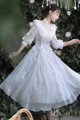 White/Blue Lace V Collar Half Sleeves High Waisted Sweet Lolita OP Dress - Product - 3