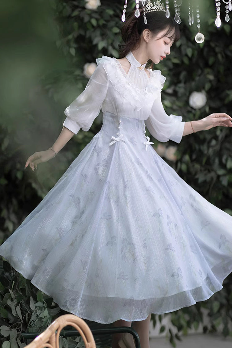 White/Blue Lace V Collar Half Sleeves High Waisted Sweet Lolita OP Dress - Product - 3