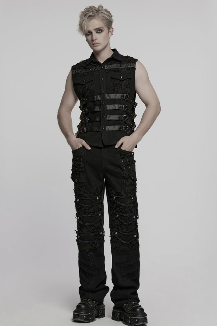 Black Ripped Men's Punk Straight Pants - Product - 4