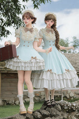 Blue [Sea Salt Snow Cap] Stand Collar Short Sleeves Petal Hem Ruffled Bow Sweet Lolita Dress Set 2 Versions - Blue(Short-Version) - 1