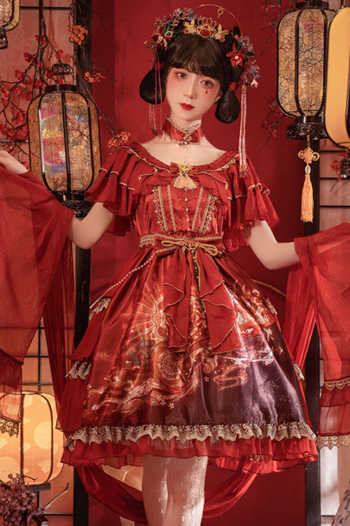 Round Collar Ruffled Short Sleeves Elegant Print High Waist Classic Lolita Dress - Product - 3
