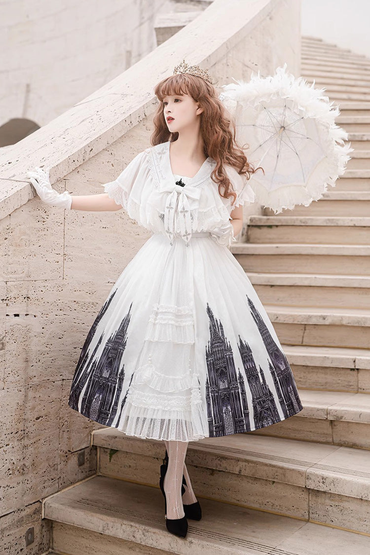 White Sleeveless Print Lace Gothic Vintage Princess Lolita Jsk Dress - Product - 6