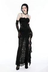 Black Sleeveless Side Slit Ruffled Lace Lace-Up Women's Gothic Maxi Slip Wedding Dress - Product - 10