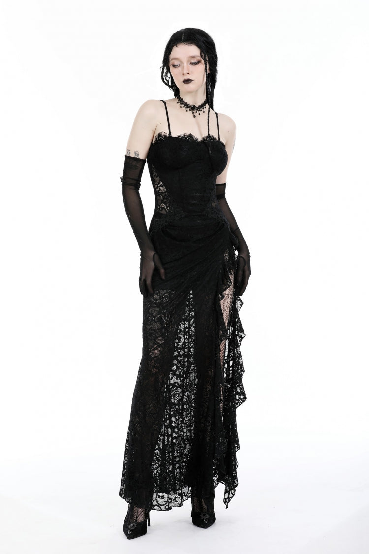 Black Sleeveless Side Slit Ruffled Lace Lace-Up Women's Gothic Maxi Slip Wedding Dress - Product - 10