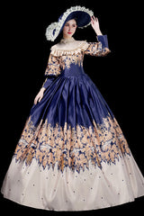 Blue Court Style High Waisted Half Sleeves Victorian Lolita Prom Dress - Product - 4