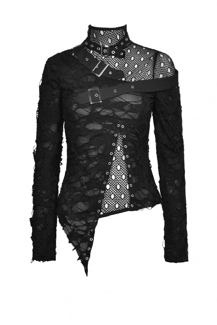 Black Women's Punk Long Sleeves Buckled Asymmetric Ripped Sheer Mesh Splice Top - Product - 3