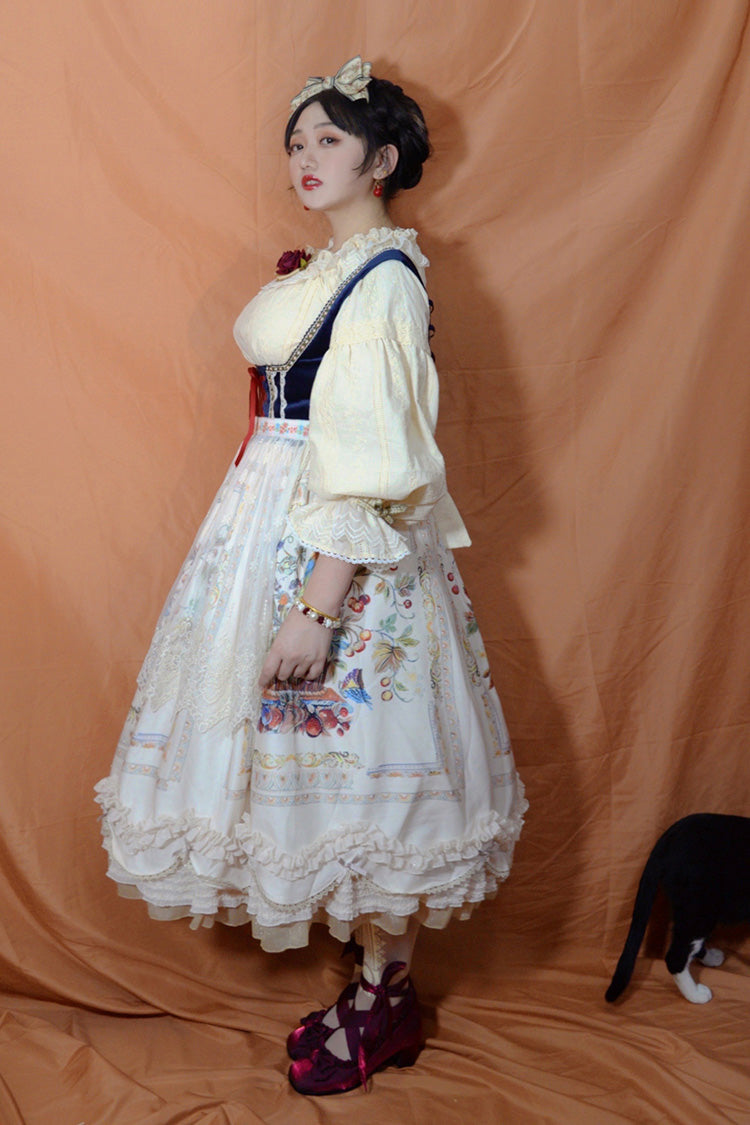Ivory [Ode to Plenty] Berries and Birds Print Ruffle Bowknot Velvet Classic Lolita Breast Support Jsk Dress - Product - 11