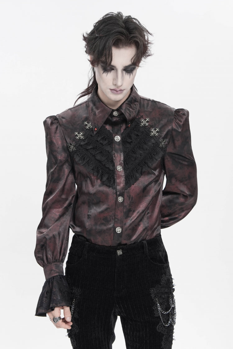 Red  Cross Spider Turn-down Collar Long Trumpet Sleeves Printed Lace Men's Gothic Shirt - Product - 9