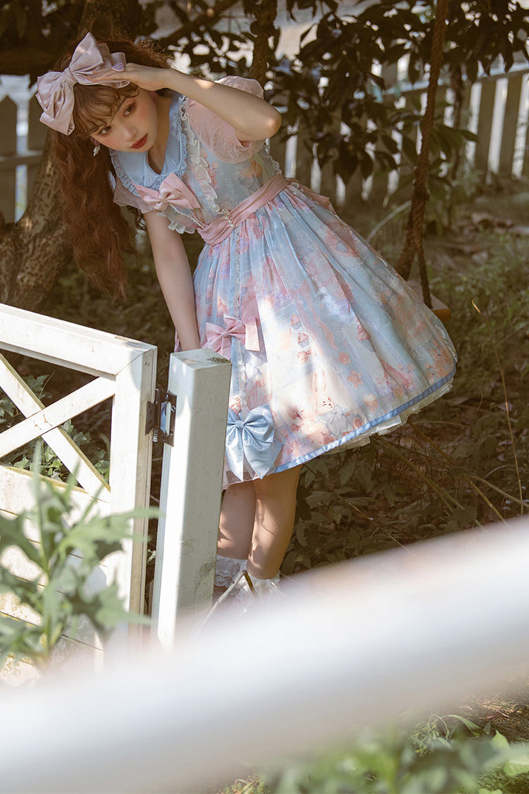 Pink/Blue Doll Collar Short Sleeves Rabbit Candy Paper Print High Waisted Sweet Lolita OP Dress - Product - 7