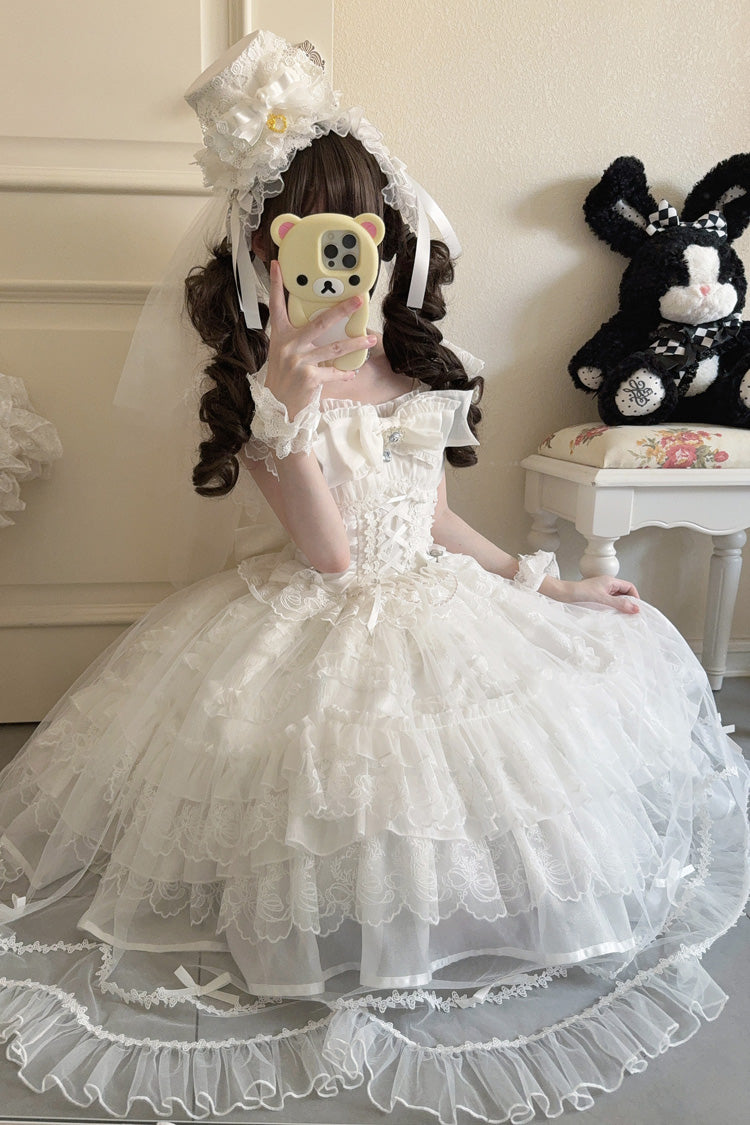 White [Eternal Vow] Sleeveless Multi-Layered Ruffle Hanayome Bowknot Lace Lace-Up Sweet Lolita Jsk Dress - Product - 4