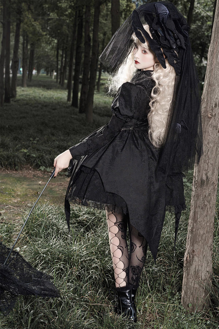 Black Dark Night Law Long Sleeves High Waisted Cardigan Bowknot Lace Gothic Lolita Dress - Product - 11