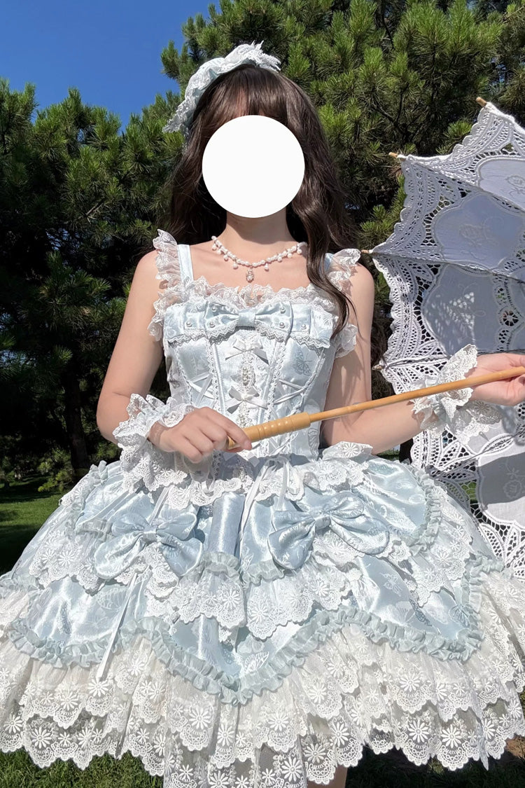 Blue [Realm of Sea Moon] Square Collar Sleeveless Multi-Layered Jacquard Ruffled Bow Lace Lace-Up Sweet Lolita Jsk Dress - Blue - 1