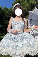 Blue [Realm of Sea Moon] Square Collar Sleeveless Multi-Layered Jacquard Ruffled Bow Lace Lace-Up Sweet Lolita Jsk Dress - Blue - 1