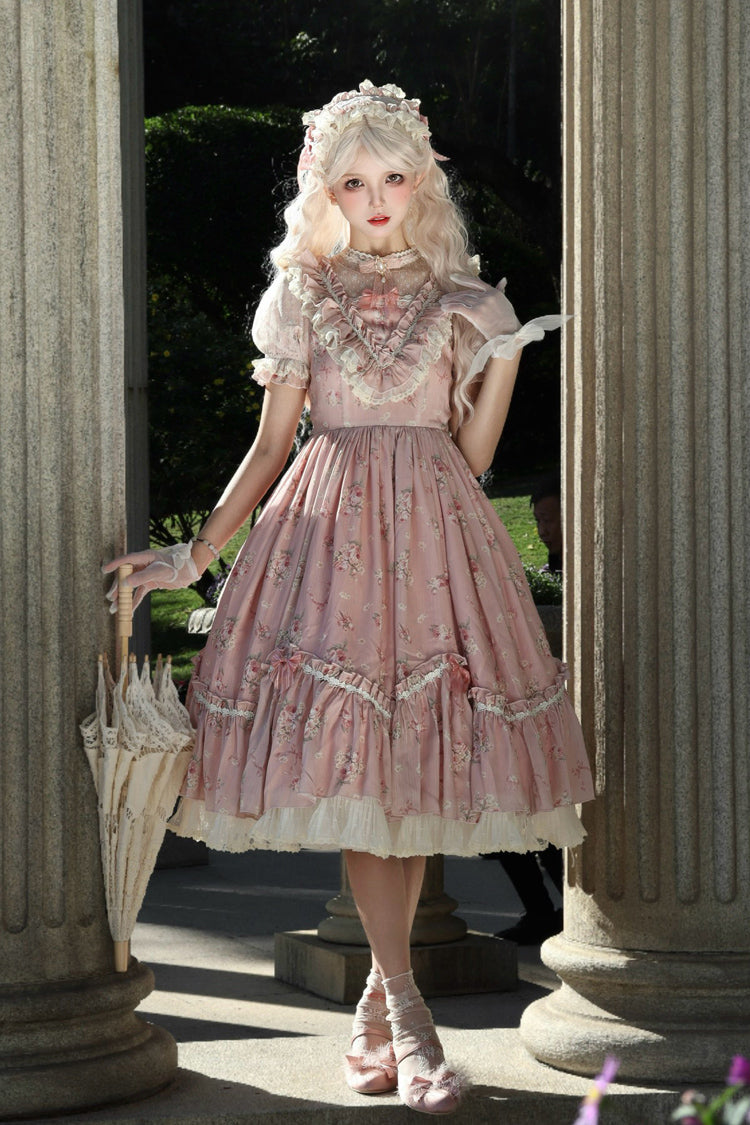 [Daydream Rose] Short Sleeves Floral Jacquard Print Ruffle Embroidery Bowknot Sweet Lolita Dress 3 Colors - Pink - 1